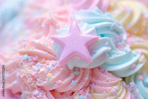 Close up of pastel colored sugar icing with stars and swirls for cake or cupcake decoration