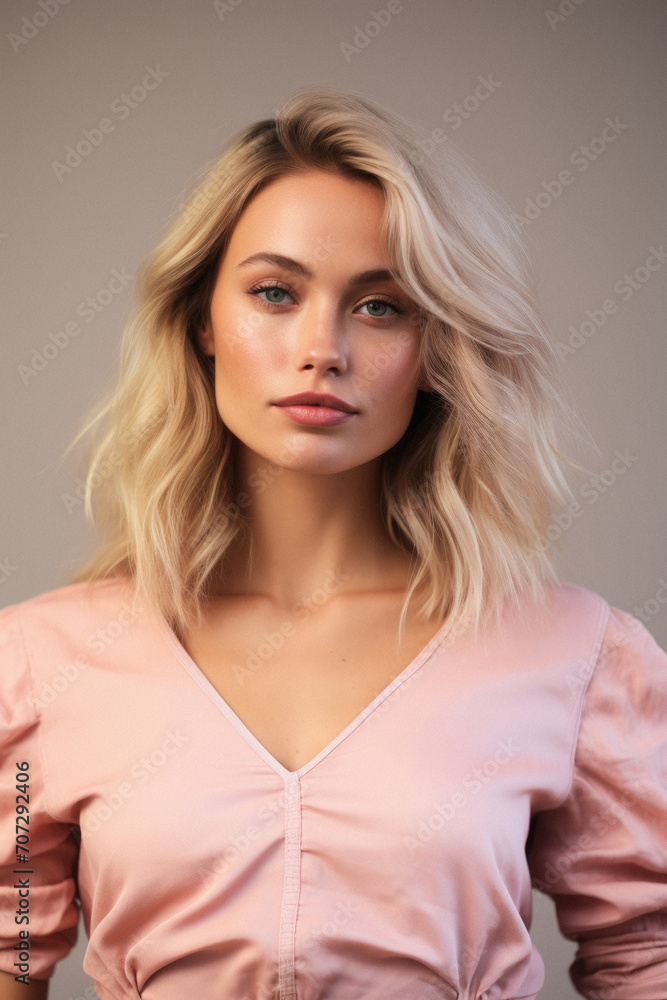 Portrait of a beautiful young blonde woman in a pink blouse Portrait of a beautiful young blonde woman in a pink blouse