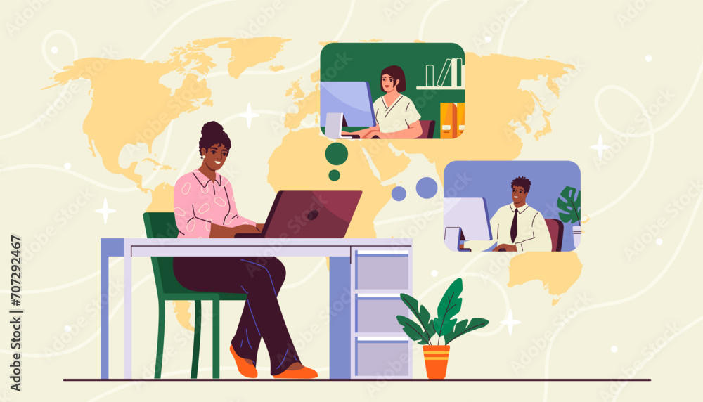 Working remotely concept. Woman with laptop work together with partners and colleagues. Video call and conference. Freelancer and remote worker with online earnings. Cartoon flat vector illustration