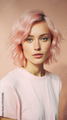 Beautiful young woman with pink hair. Portrait of a girl with pink hair .