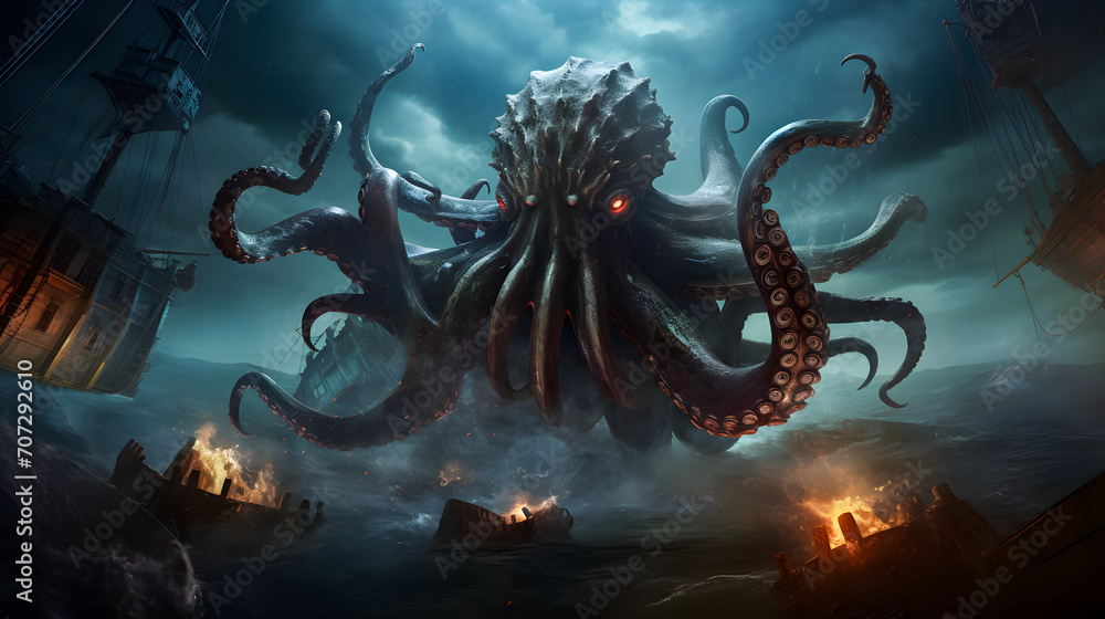Fototapeta premium Fantasy scene with kraken of giant octopus and ship in the sea. Horror concept. 3D Rendering