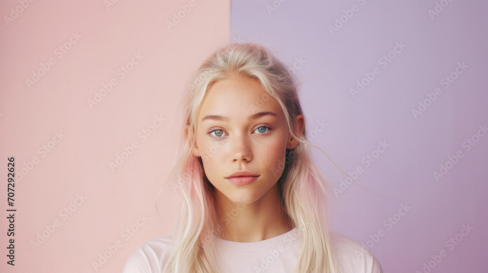 Portrait of a beautiful young woman with blond hair on a pink and blue background .