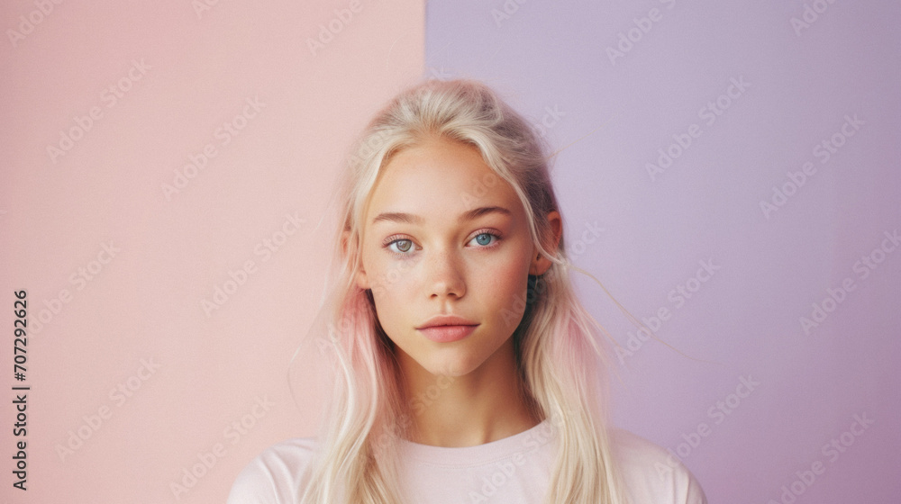 Portrait of a beautiful young woman with blond hair on a pink and blue background . Portrait of a beautiful young woman with blond hair on a pink and blue background .