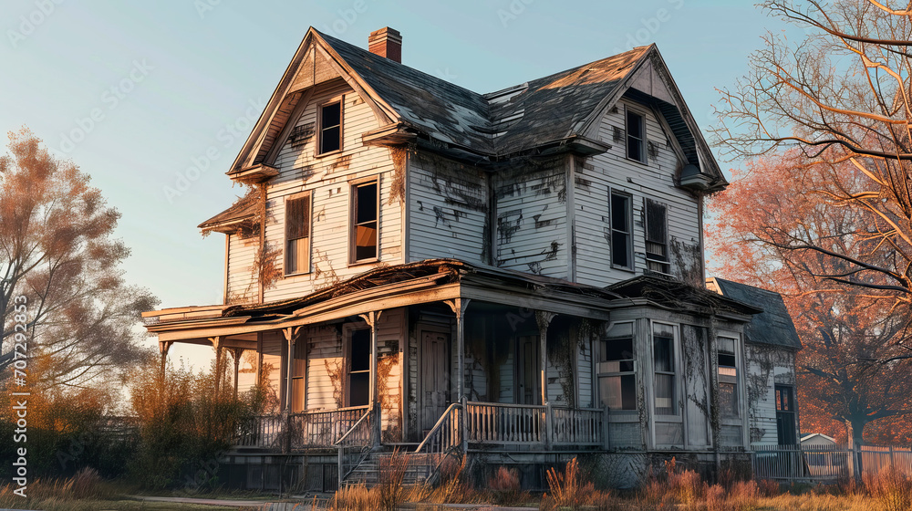 An old abandoned wooden house against the background of an overgrown backyard. An old abandoned wooden house against the background of an overgrown backyard.