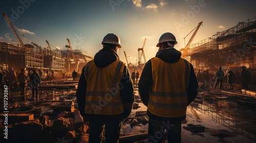 civil engineers stand on the construction site, carefully inspecting the building structure,  Civil Engineers Ensuring Structural Integrity, Assessing Building Stability at Construction