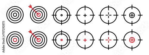 Purpose aim vector icon set. target arrow symbol. goal objectives sign. Sniper focus sign. opportunity dart icon set. photo