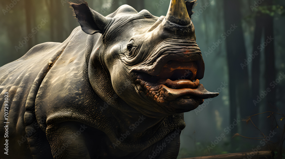 White rhinoceros (Rhinoceros unicornis) in the dark forest. The one-horned rhinoceros is now threatened with extinction. Wildlife scene. White rhinoceros (Rhinoceros unicornis) in the dark forest. The one-horned rhinoceros is now threatened with extinction. Wildlife scene.