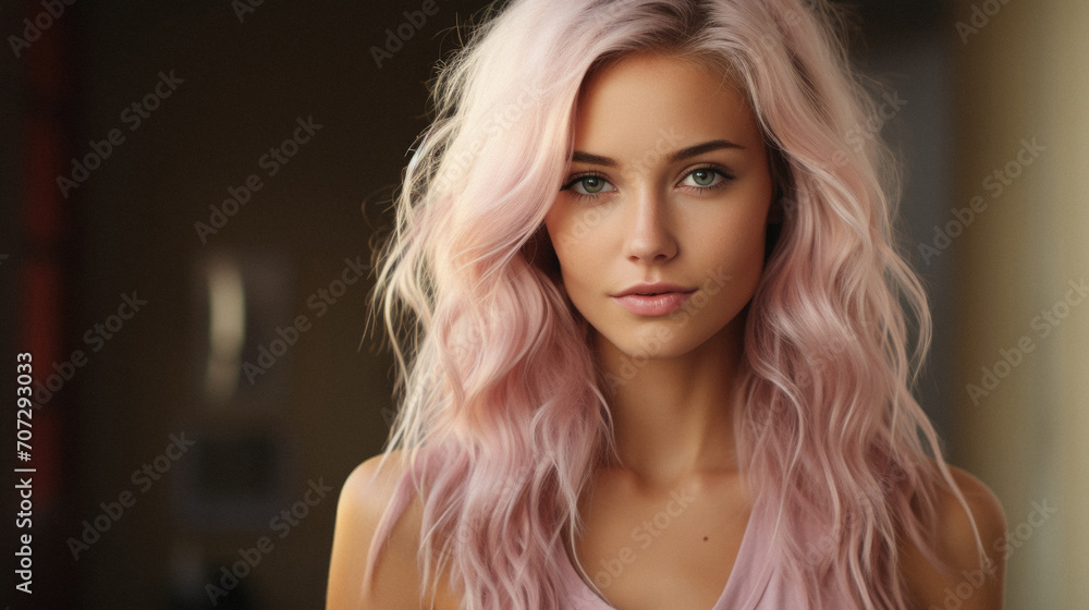 Beautiful girl with pink hair in the interior of a room . Beautiful girl with pink hair in the interior of a room .