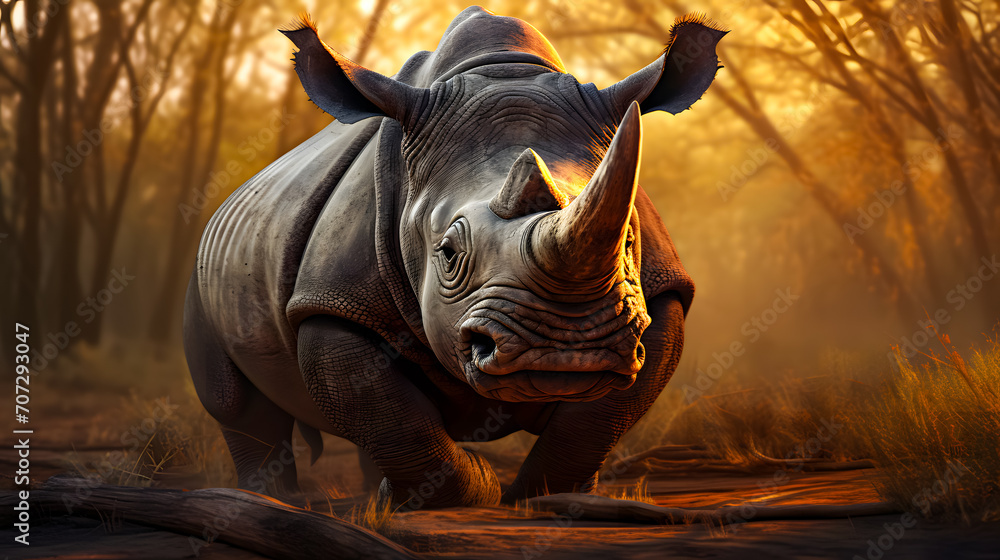 Obraz premium White rhinoceros (Rhinoceros unicornis) in the dark forest. The one-horned rhinoceros is now threatened with extinction. Wildlife scene. 