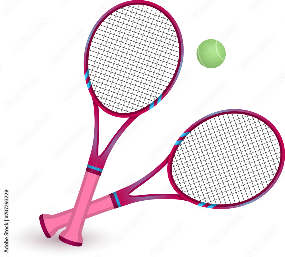 Concept lawn tennis pink racket with ball icon, realistic professional equipment sporting cartoon vector illustration, isolated on white. Famous international sport, game physical culture.