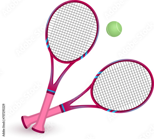 Concept lawn tennis pink racket with ball icon, realistic professional equipment sporting cartoon vector illustration, isolated on white. Famous international sport, game physical culture.