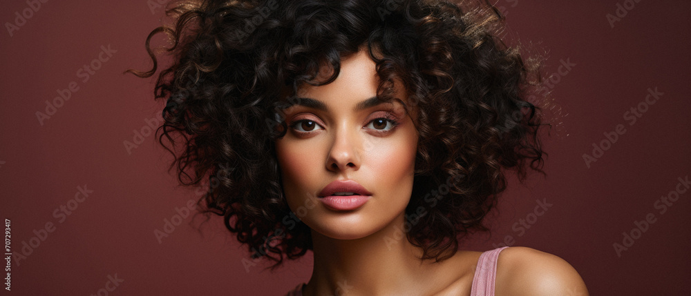 Portrait of young beautiful woman with curly hair on brown background .