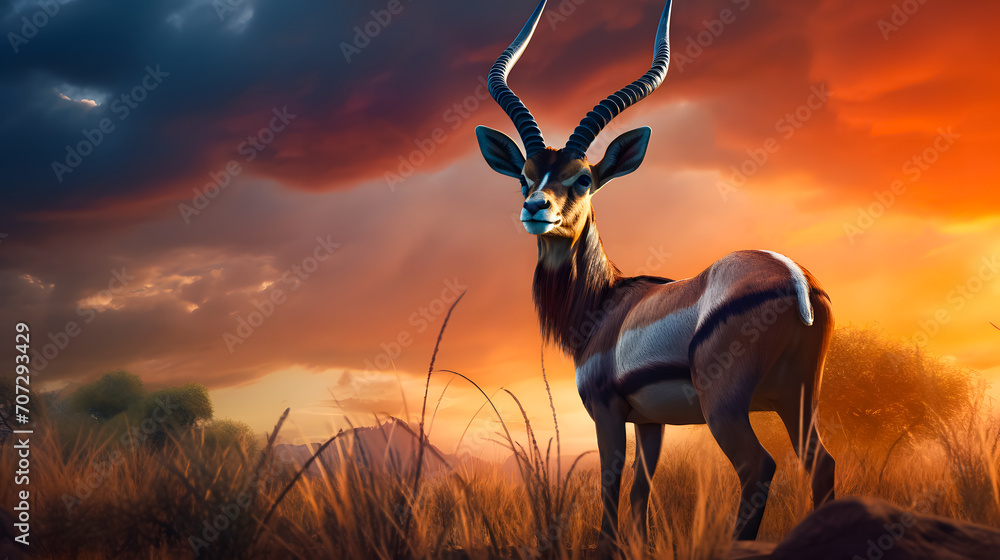 Springbok or Impala antelope (Aepyceros melampus) on the grassland at sunset. African national symbol - obrazy, fototapety, plakaty 