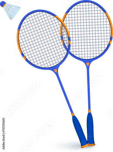 Concept lawn tennis blue racket with shuttlecock icon, realistic professional equipment sporting cartoon vector illustration, isolated on white. Famous international sport, game physical culture.