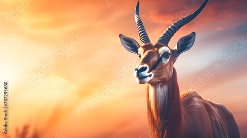 Springbok or Impala antelope (Aepyceros melampus) on the grassland at sunset. African national symbol photo