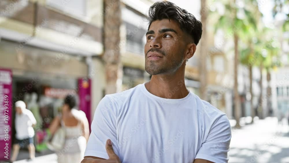 Handsome young hispanic man with a beard, wearing a white shirt, confidently looking up while standing on a sunny urban street. Handsome young hispanic man with a beard, wearing a white shirt, confidently looking up while standing on a sunny urban street.