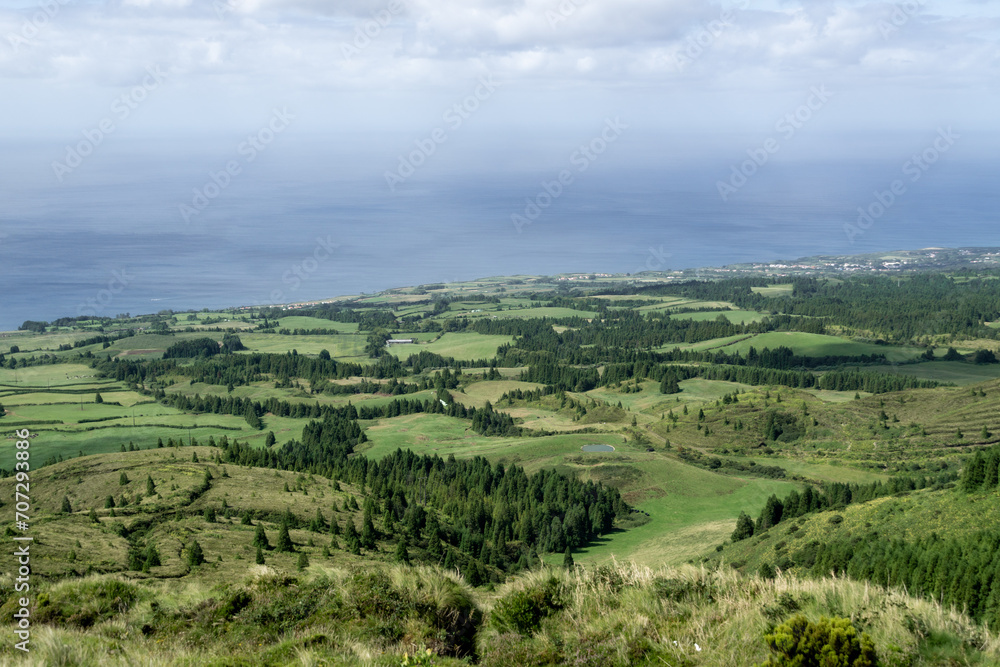 volcanic landscape with hills on Sao Miguel in Azores
