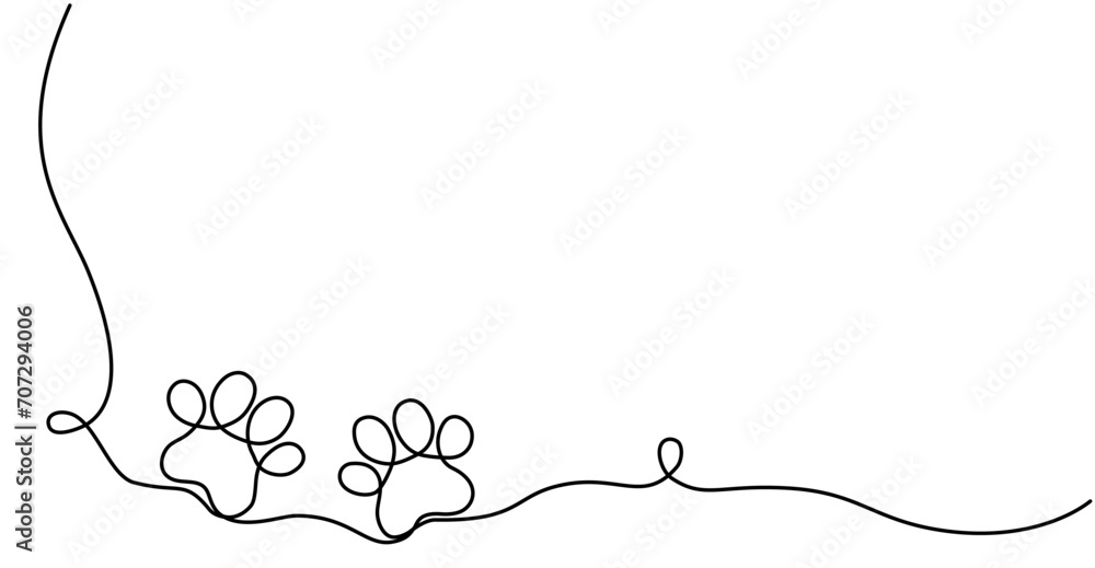 Drawing the paw of a dog or cat with a continuous line. Footprint design. One line art paw print. Vector illustration. Drawing the paw of a dog or cat with a continuous line. Footprint design. One line art paw print. Vector illustration.