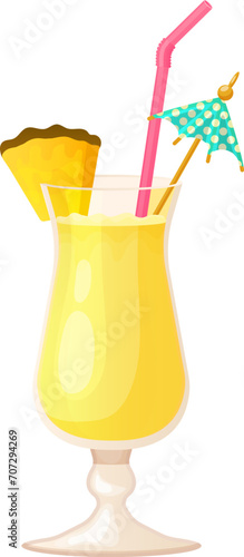 Concept tropical pineapple smoothie decorate umbrella, healthy asia natural drink icon cartoon vector illustration, isolated on white. World cuisine fruit soft beverage glass cocktail.