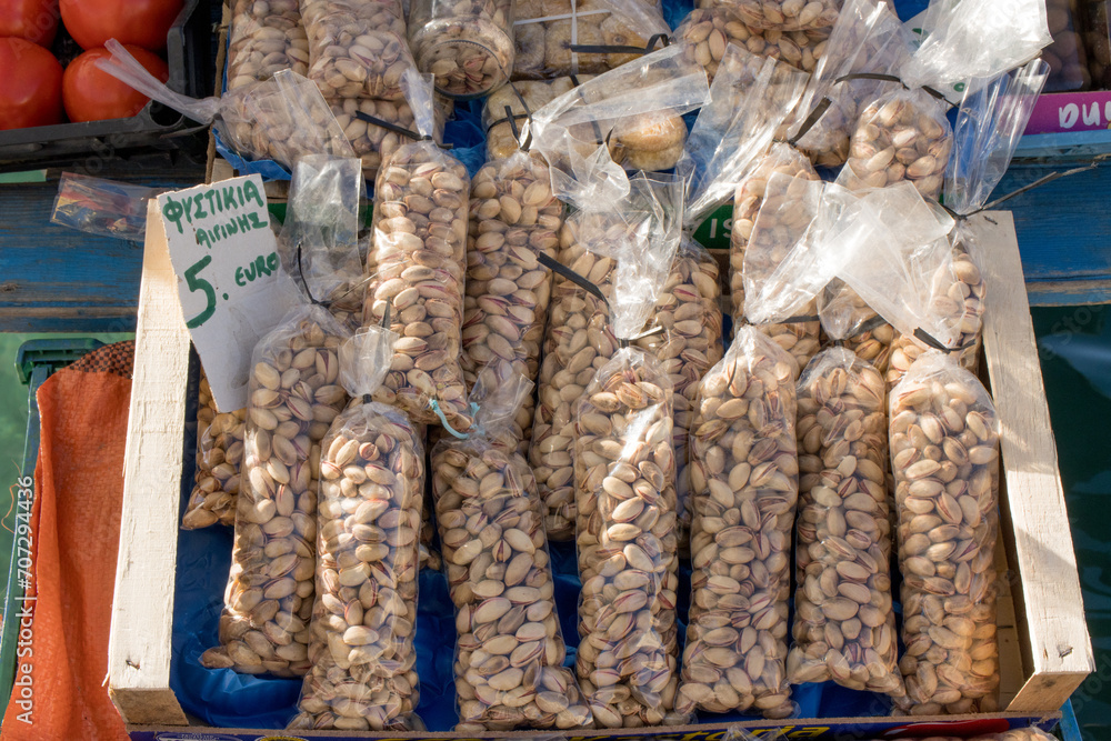 Pistachios nuts for sale at a local market on the Island of Aegina, Greece