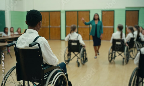 a teacher in a wheelchair leads a lecture, a teacher in a wheelchair leads a lesson at school, a professor in a wheelchair leads a lecture in the classroom