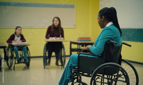 a teacher in a wheelchair leads a lecture, a teacher in a wheelchair leads a lesson at school, a professor in a wheelchair leads a lecture in the classroom