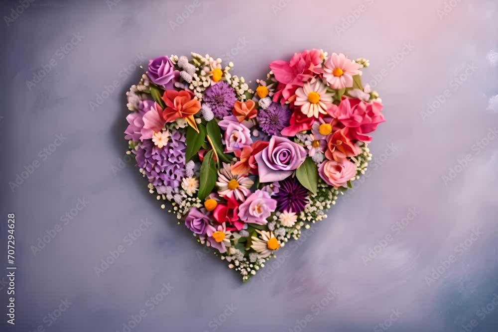Composition of fresh flowers in shape of heart, on grey background, copy space for text. Composition of fresh flowers in shape of heart, on grey background, copy space for text.