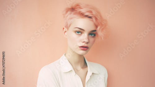 Portrait of a beautiful young woman in a white shirt with pink hair . © Synthetica