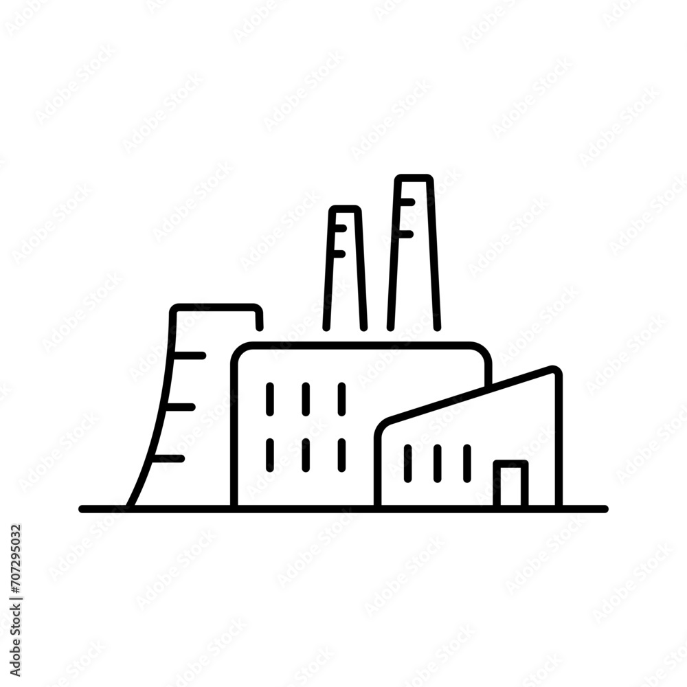 Factory icon. Black contour linear silhouette. Editable strokes. Front view. Vector simple flat graphic illustration. Isolated object on a white background. Isolate.