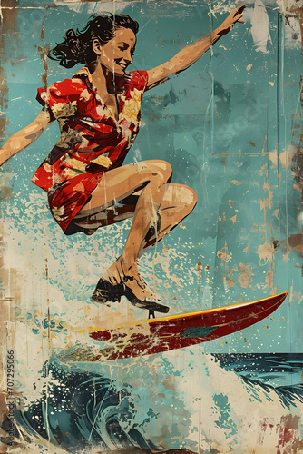 Sunset Glide: 70s Model on a Weathered Surfboard - A Vintage Ride Capturing the Worn Charm of Endless Summers and Sea Adventures - Generative AI photo