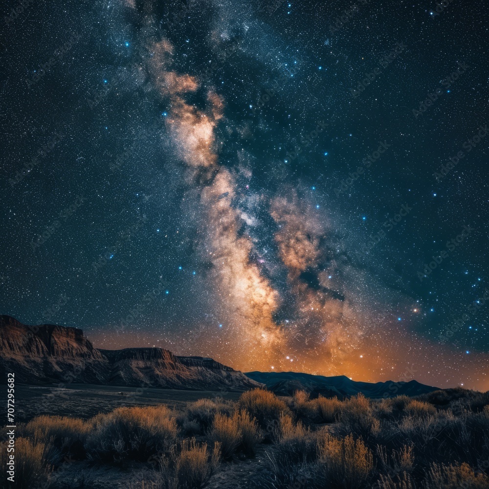 A breathtaking image of a starry night sky with the Milky Way, planets, and moon aligned. 