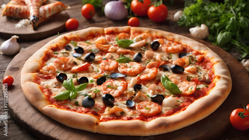 Tasty fresh pizza with seafood on table