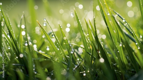 An early morning the glistening dew on grass and leaves.