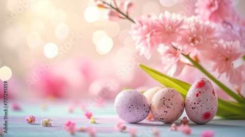 easter background with eggs on white floor in the foreground, blurred pink vivid bokeh and flowers.