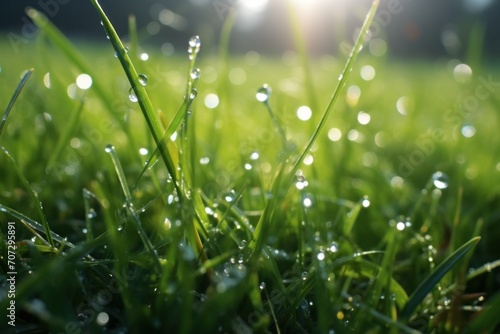 An early morning the glistening dew on grass and leaves.