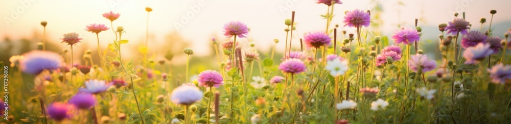 Fototapeta premium colorful flowers in a field with sunlight in the background.