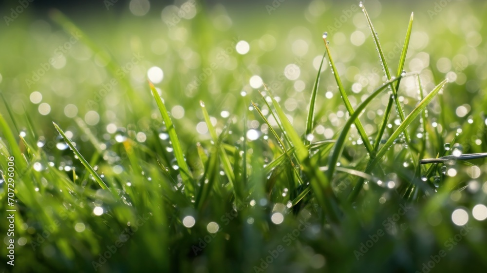 An early morning  the glistening dew on grass and leaves.