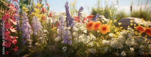 different types of flowers grow in a natural garden landscape.