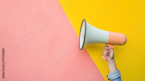 hand holding megaphone against minimalist vivid background with copy space.