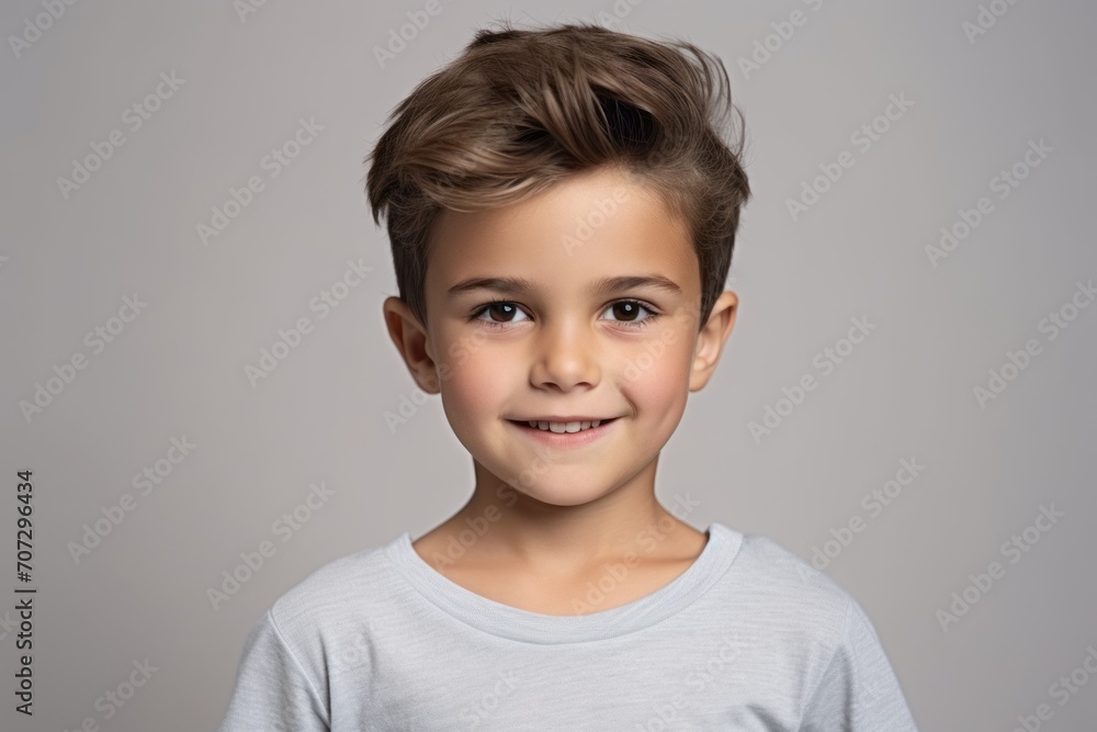 Portrait of a cute little boy in a white t-shirt on a gray background Portrait of a cute little boy in a white t-shirt on a gray background