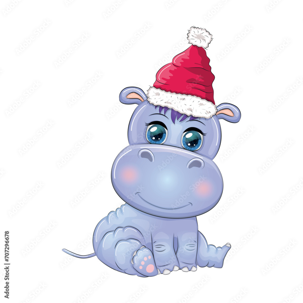 Cute cartoon hippo in Santa hat with gift, Christmas ball and candy cane. New Year and Christmas Cute cartoon hippo in Santa hat with gift, Christmas ball and candy cane. New Year and Christmas