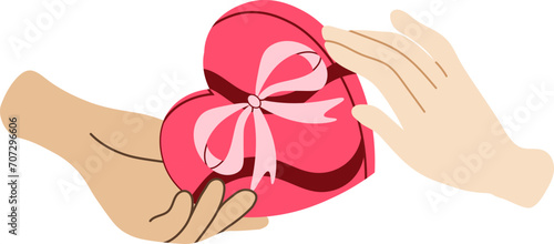 Male hand passes heart-shaped gift box to female hand. Love concept. Present, gift for Valentine's Day, birthday or Christmas. Top view. Trendy flat vector illustration isolated on white background.