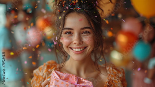 A candid shot capturing the genuine happiness of an incredibly beautiful girl as she holds a surprise gift, surrounded by confetti and a backdrop of celebration.