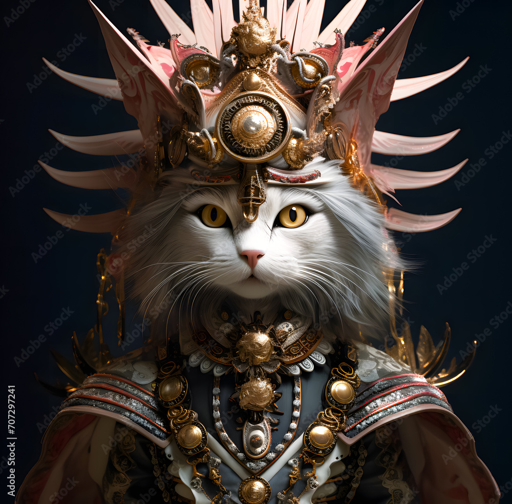 Fototapeta premium Cute cat in knight costume on dark background. Fantasy animal