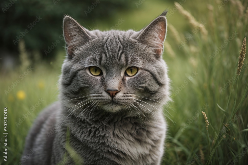 grey cat portrait in the grass
