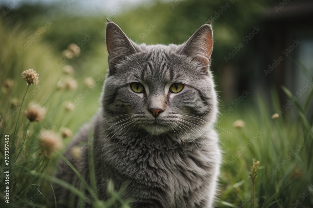 grey cat portrait in the grass