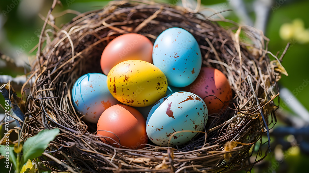 background to celebrate easter season decorated eggs placed in the garden on a sunny day background to celebrate easter season decorated eggs placed in the garden on a sunny day