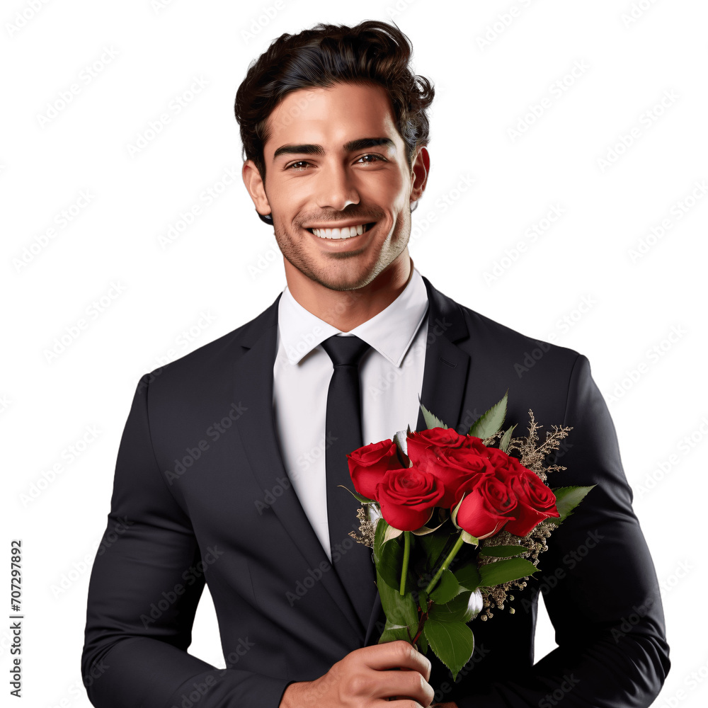 Handsome young man in elegant suit holding a bouquet of red roses as a romantic gesture. Isolated on transparent background, no background, cutout. Male model for Valentine's Day Ad Campaigns. Handsome young man in elegant suit holding a bouquet of red roses as a romantic gesture. Isolated on transparent background, no background, cutout. Male model for Valentine's Day Ad Campaigns.