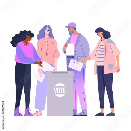 Diverse young people voters casting ballots at polling station during voting people putting paper ballot in box. Election, Democracy, Freedom of speech, justice voting and opinion. Referendum 