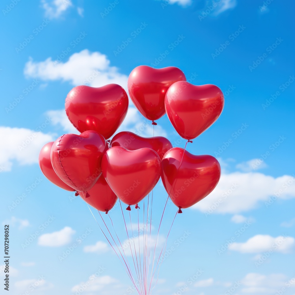 Group of heart shaped red air balloon on blue sky with clouds. Valentines day and romance concept. Generative AI